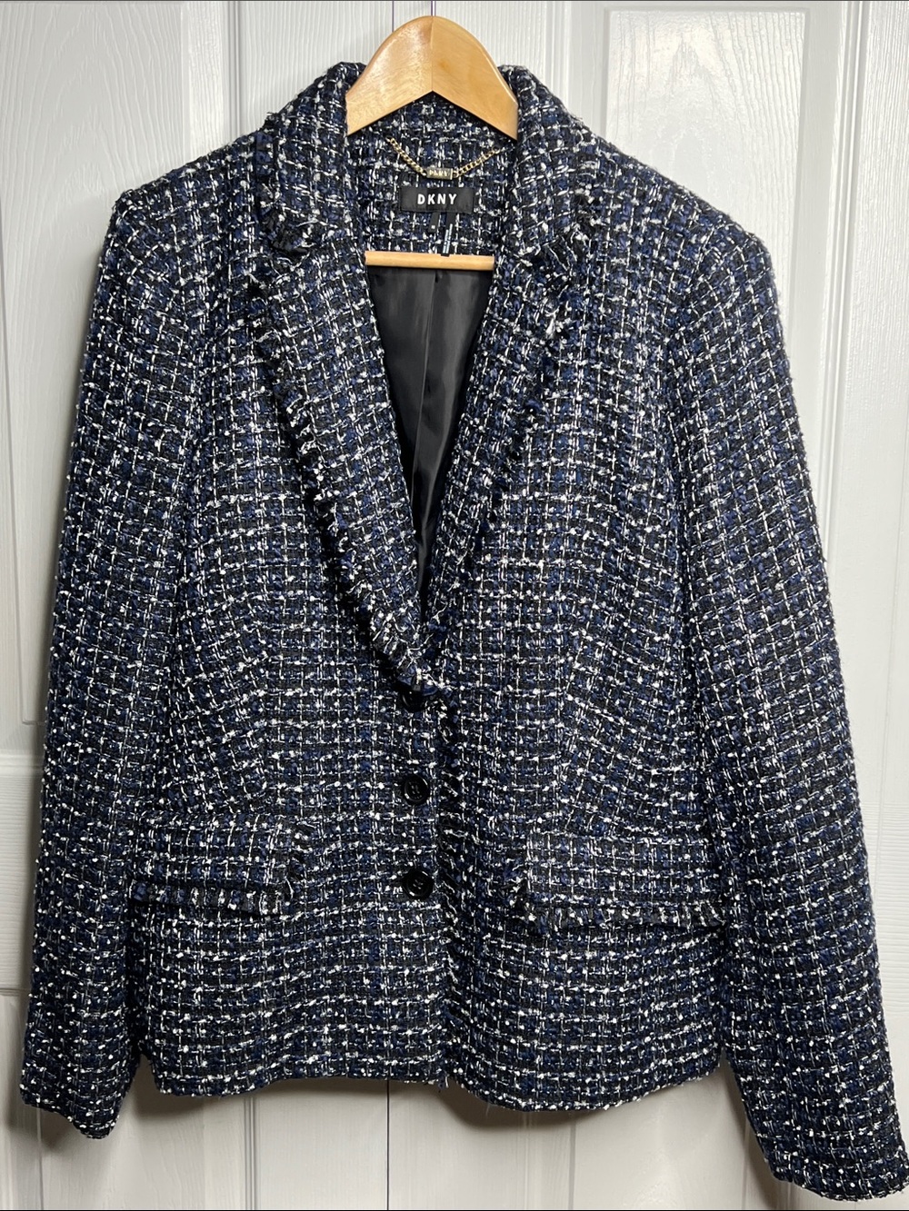 DKNY Navy Black and White Tweed Blazer Fringed Tailored Work Wear Classic